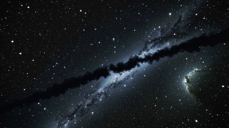 Telecamera panoramica che riprende la fascia della Via Lattea, con una corsia di polvere che si muove nel cielo notturno, mostrando rotazione e nebulosa.