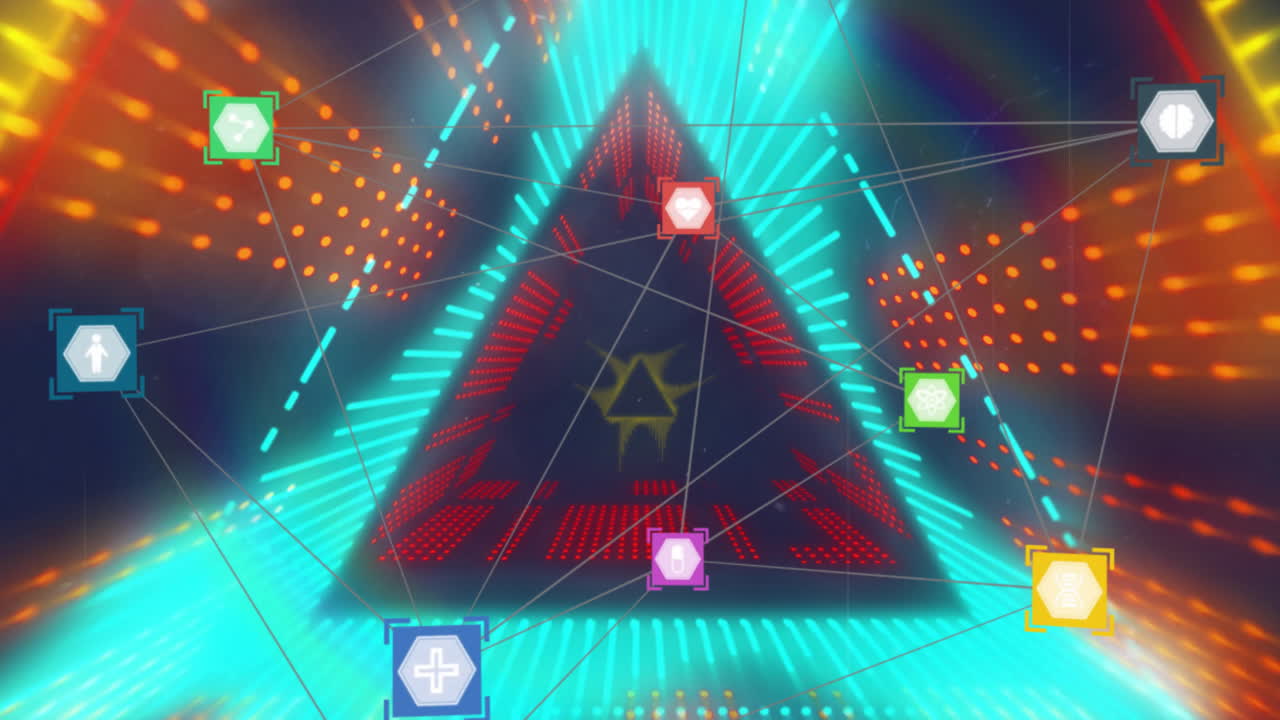 네온 터널 위의 아이콘으로 연결 네트워크 및 데이터 처리의 애니메이션