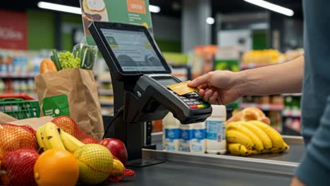 customer paying with credit card at grocery store checkout