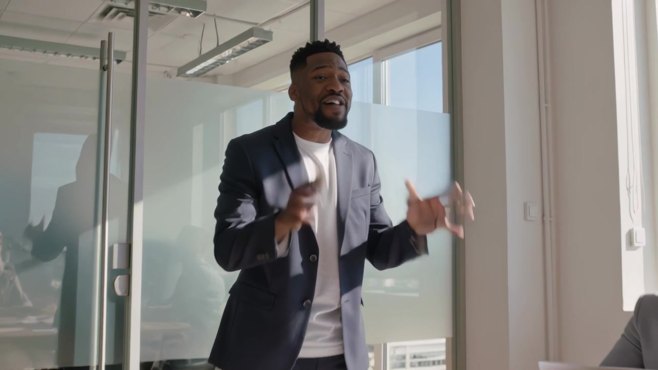 Standing presenter wearing blazer initiating pitch at glass meeting room, with laptop and papers