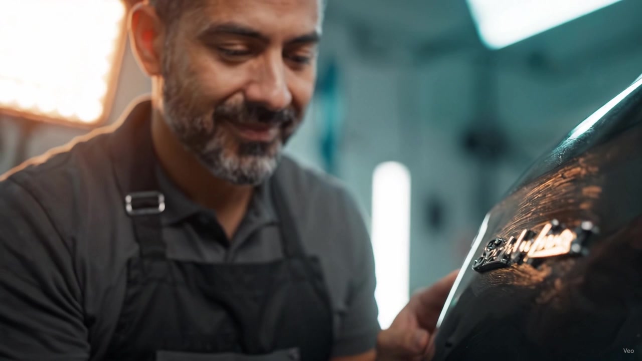 A skilled technician meticulously polishes a car, showcasing attention to detail and craftsmanship in an automotive workshop environment.