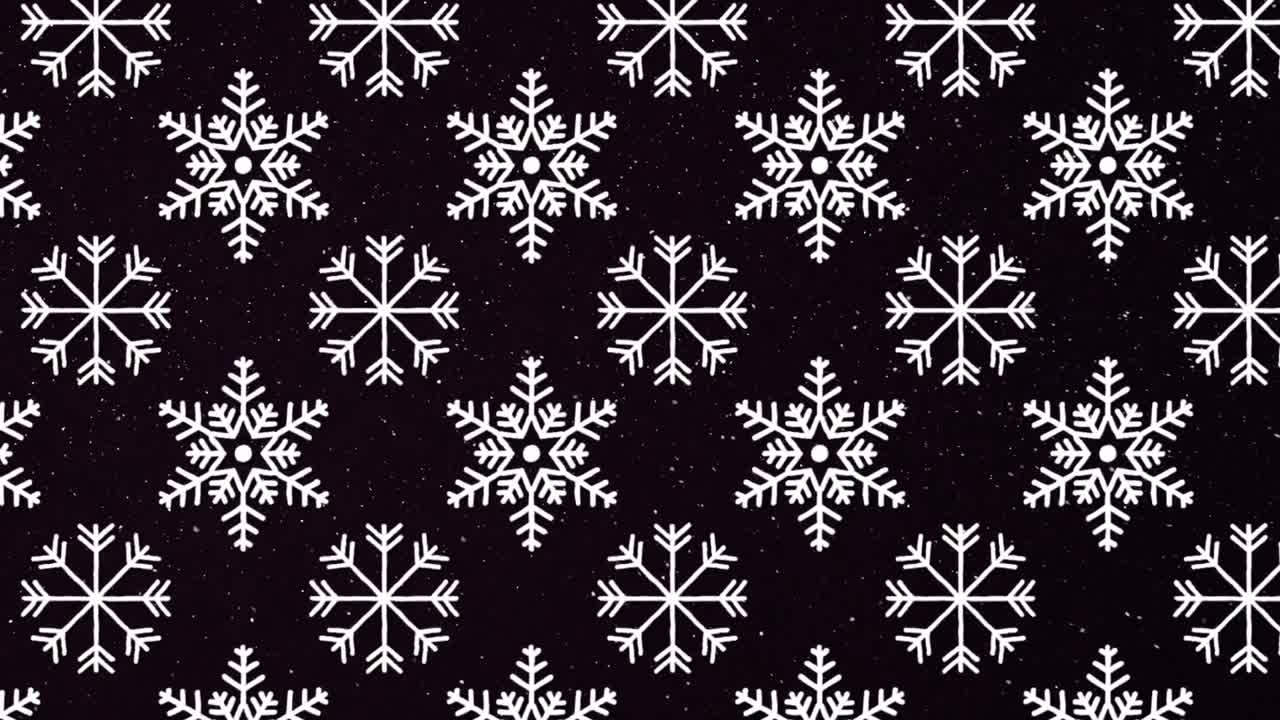 Snow falling and snowflakes icons in seamless pattern against black background