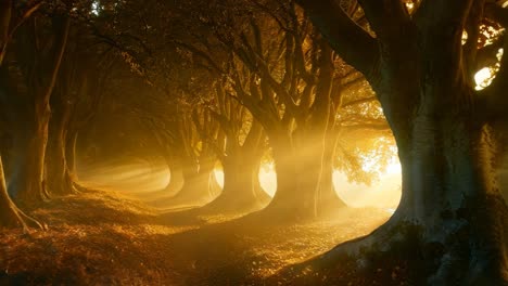 a foggy forest filled with lots of trees in the middle of a forest