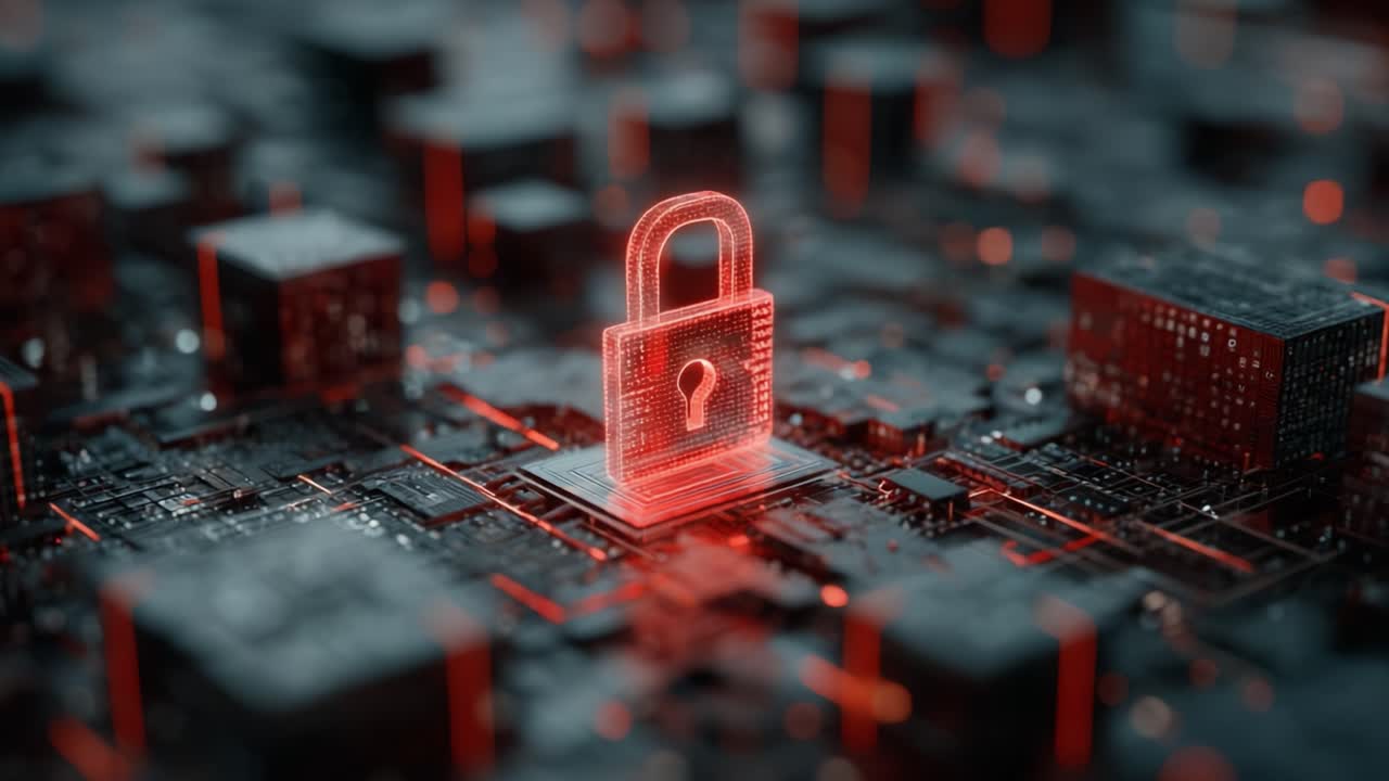 A Futuristic Representation of Security: The Emergence of Digital Lock Systems on an Abstract Circuit Board Background with Radiant Red Highlights