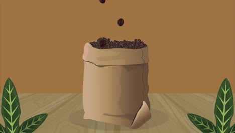 delicioso saco de café y animación de hojas