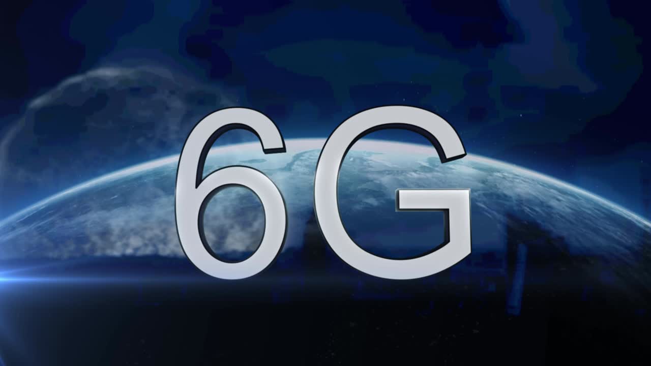 animación de texto de 6g sobre el globo y el paisaje urbano sobre fondo azul