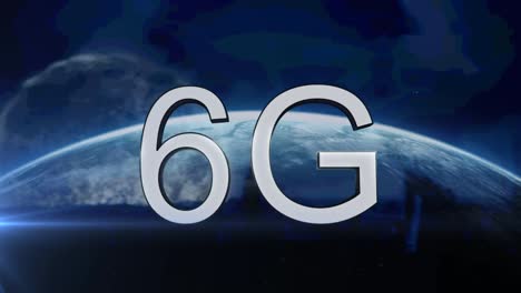 animation of 6g text over globe and cityscape on blue background