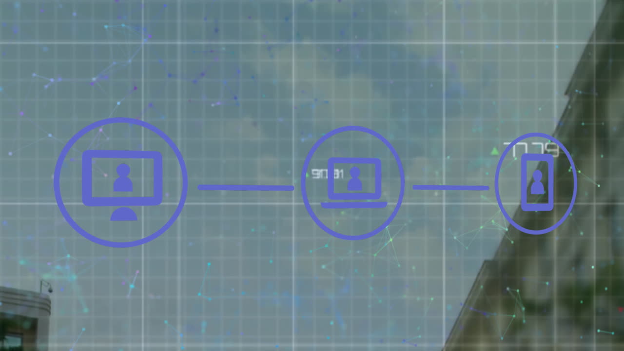 animación de diagrama de flujo de iconos sobre edificios modernos contra puntos conectados en el cielo nublado