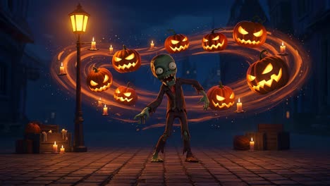A whimsical zombie character surrounded by glowing jack-o'-lanterns dancing in a magical swirl of orange light, set in a spooky street illuminated by lanterns