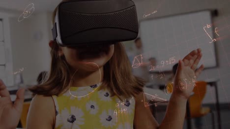 Animation-of-mathematical-equations-over-schoolgirl-wearing-vr-headset