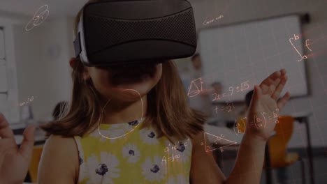 animación de ecuaciones matemáticas sobre una colegiala que lleva auriculares vr