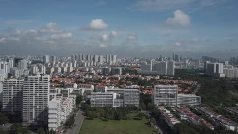 Hyperlapse-fly-in-to-Phu-My-Hung-area-of-Ho-Chi-Minh-City,-Vietnam-on-sunny-morning-featuring-view-of-city-skyline-with-interesting-sky-and-movement