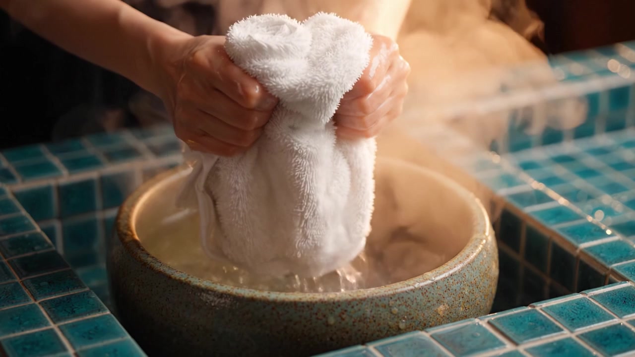 A serene moment of cleansing, showcasing hands gently wringing a warm towel over a steaming bowl, evoking tranquility and self-care in a soothing environment.