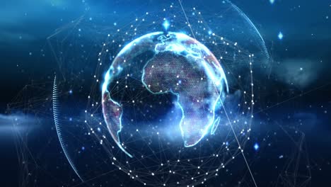 animation of changing profile icons over light trails and network of connections over globe