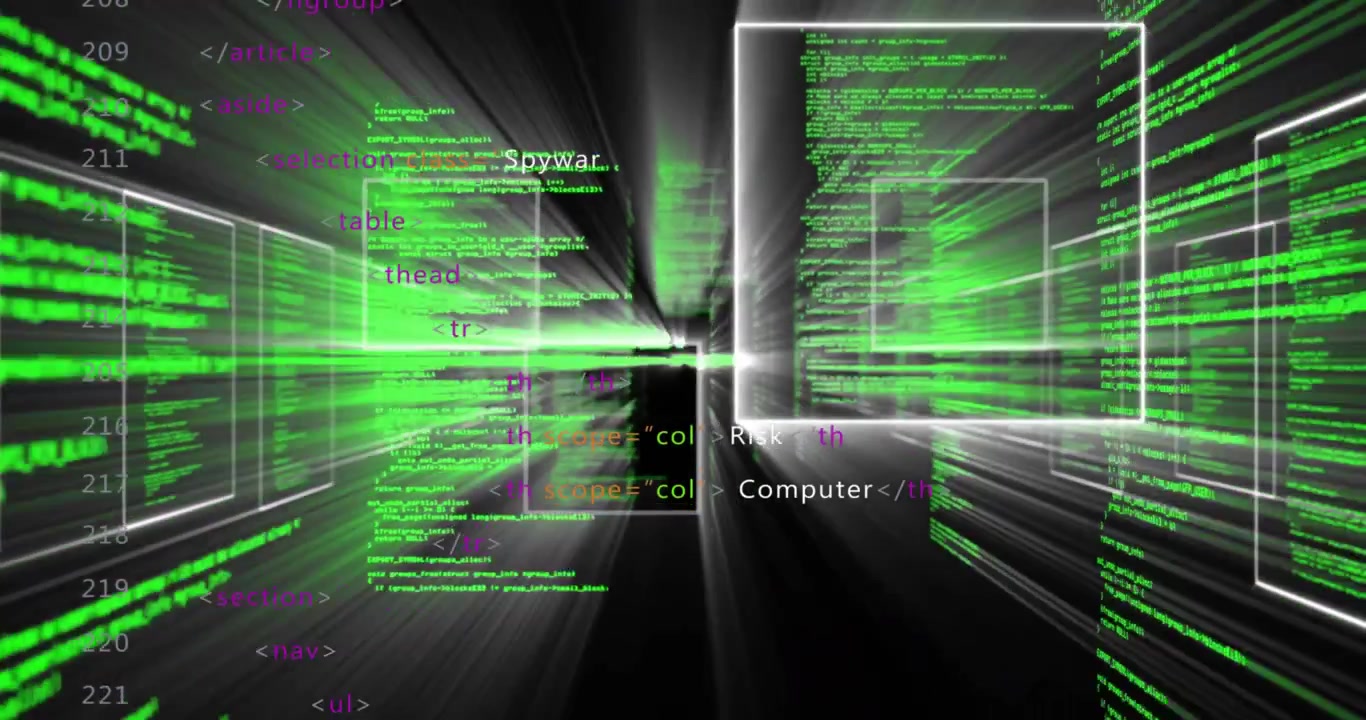 Code panels and green text appearing and zooming toward viewer, illustrating cyber security tunnel