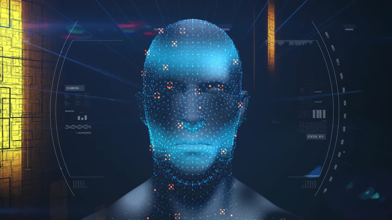 Animation of digital human face with data points and glowing lines in interface