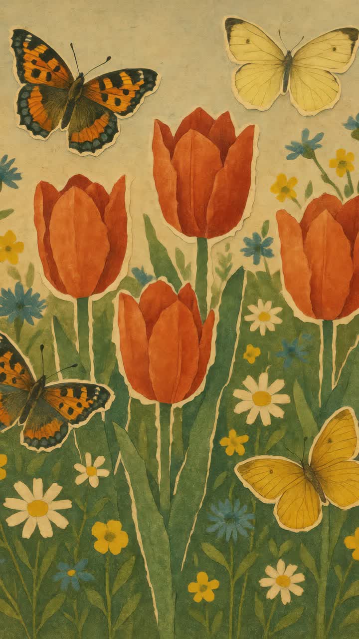 Vintage-style illustration of butterflies and tulips from a top-down angle, reminiscent of a nature