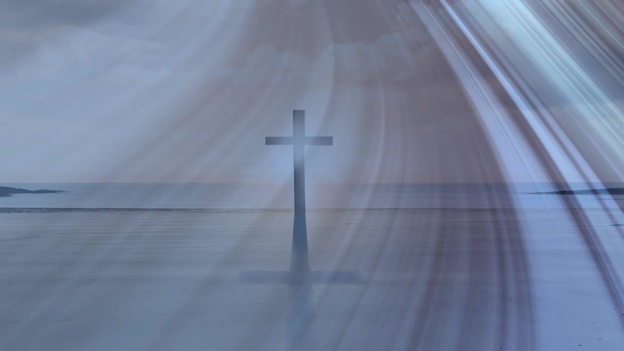 Croce centrata, velo che entra da destra e ondeggia, fasci che spazzano, riflesso che cresce per uso spirituale.