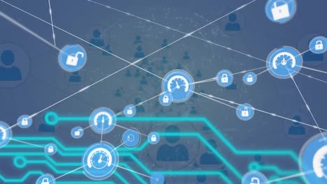 animation of network of connections with digital icons and circuit board