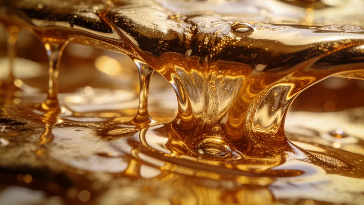 Liquido ambrato viscoso che si allunga e forma una colonna in studio, la tensione superficiale che tira le bolle, in fase di assestamento