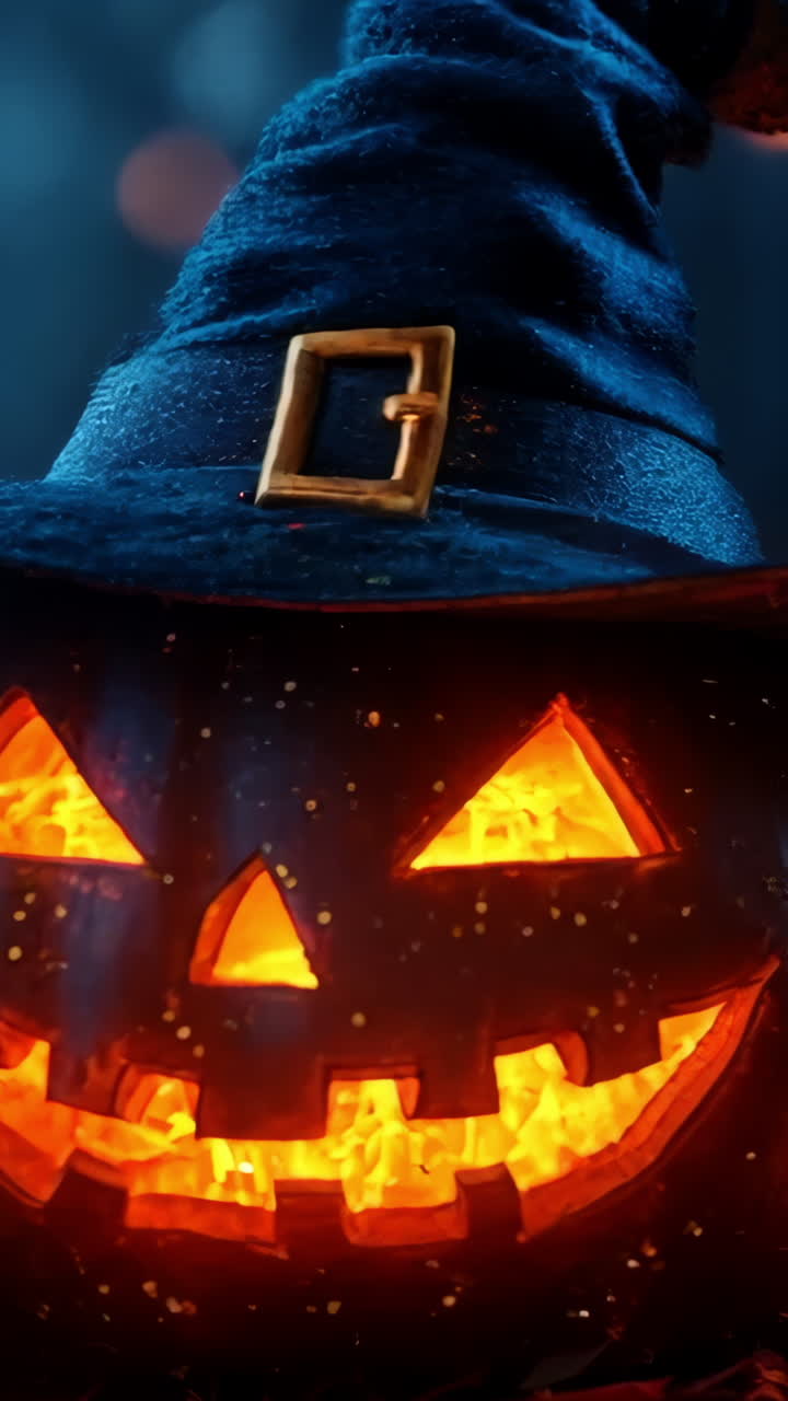 A pumpkin with a witch's hat on top of it. The pumpkin is lit up with a light inside