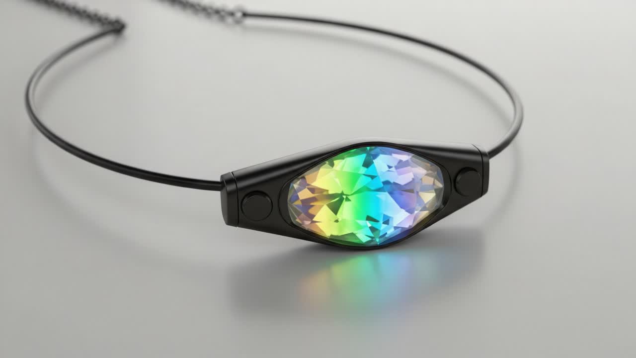 A Stunning Close-Up of a Radiant Necklace with an Iridescent Gemstone Set in a Sleek Black Wire Design, Perfect for Fashion and Jewelry Enthusiasts