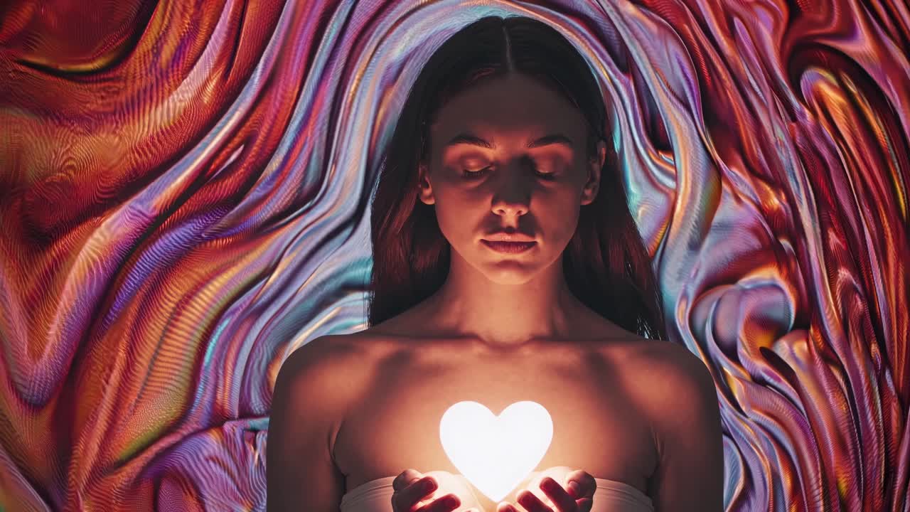 A woman holds a glowing heart in a surreal video scene