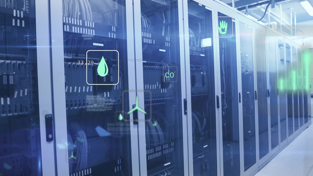Camera sweeping racks initiating icons pulsing shifting dissolving for showing network analytics