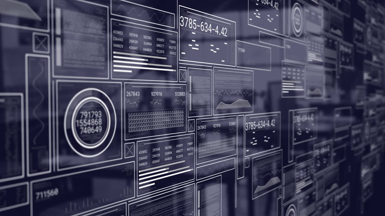 Animation of screens with data processing over cityscape