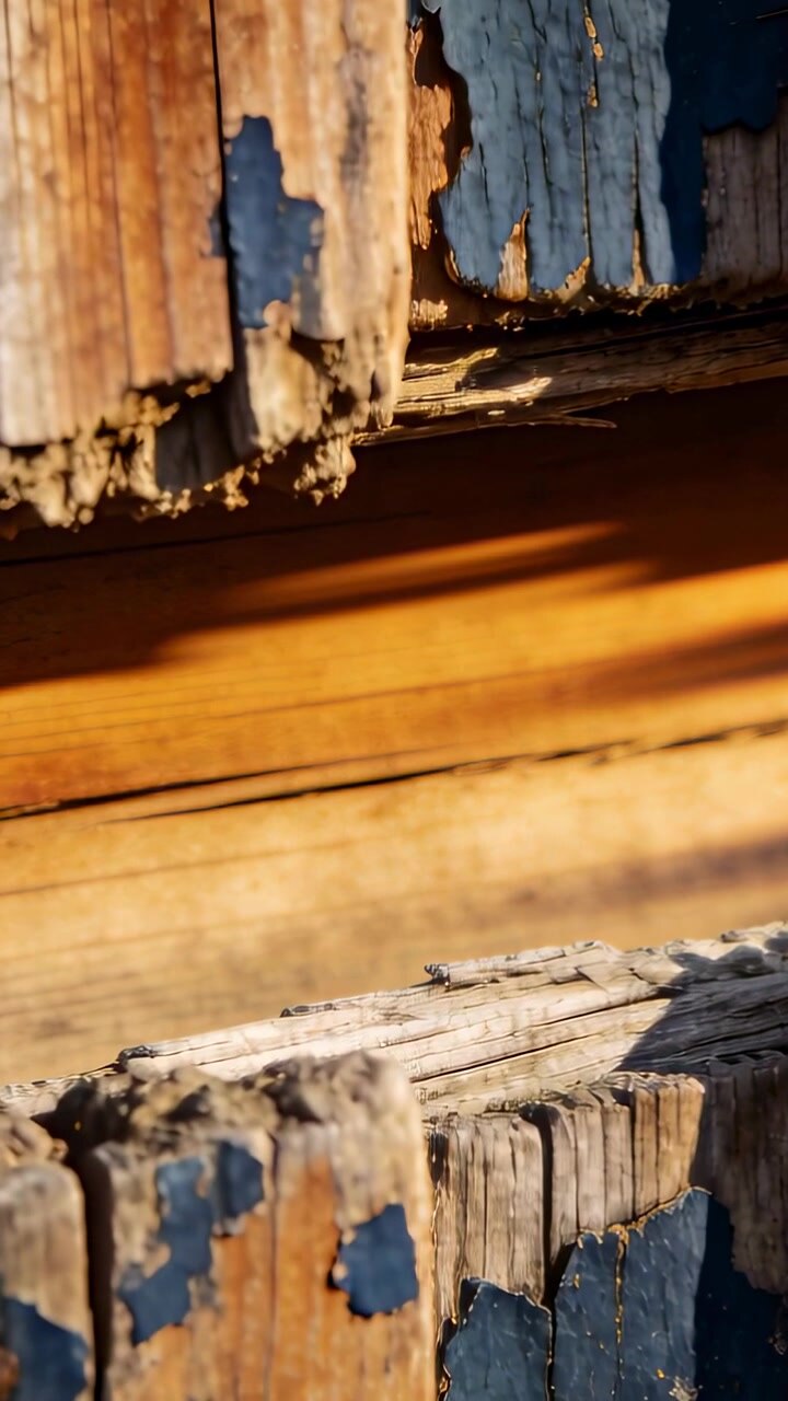 Vertical video: Opening camera showing chipped blue plank and bare board outside, showing texture