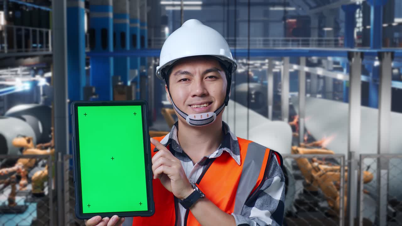 안전 헬을 입은 아시아 남성 엔지니어가 풍력 터빈 제조 공장에서 서서 미소 짓고 로 팔이 작동하는 동안 카메라에 녹색 화면 태블릿을 보여줍니다.