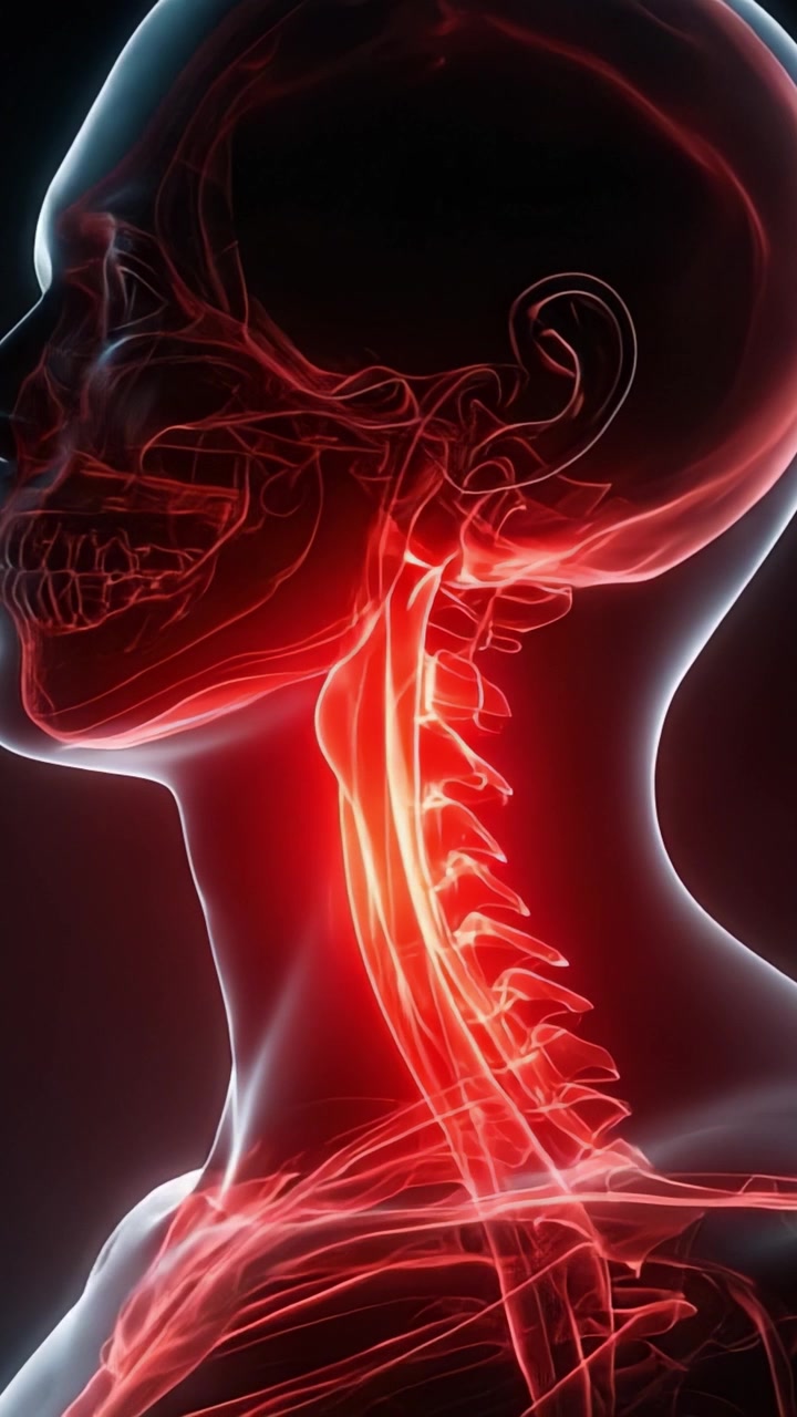 Visualizzazione anatomica della struttura del collo umano e del sistema vascolare, che evidenzia i muscoli chiave, i nervi e i vasi sanguigni in una rappresentazione dettagliata.