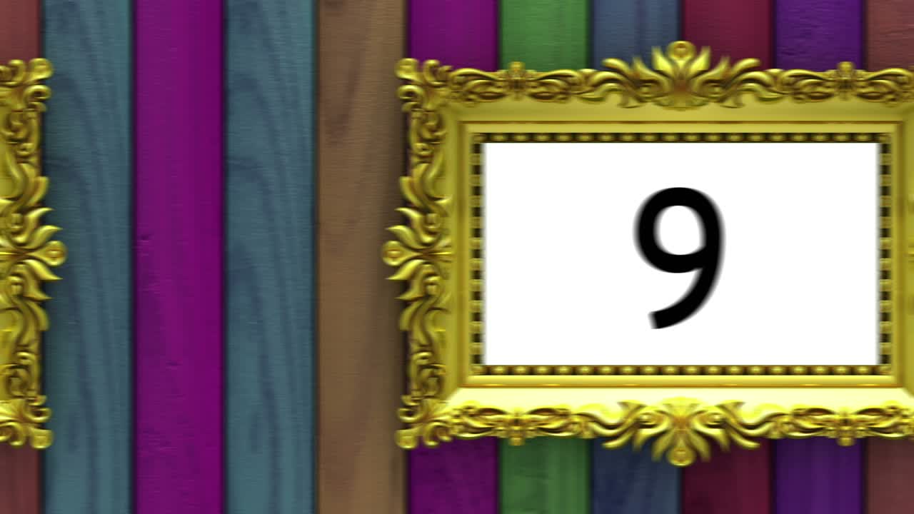 cuenta atrás en marcos de cuadros dorados sobre un fondo de madera de varios colores. maqueta para el desfile de éxitos, gráfico. animación 3d, pantalla verde.