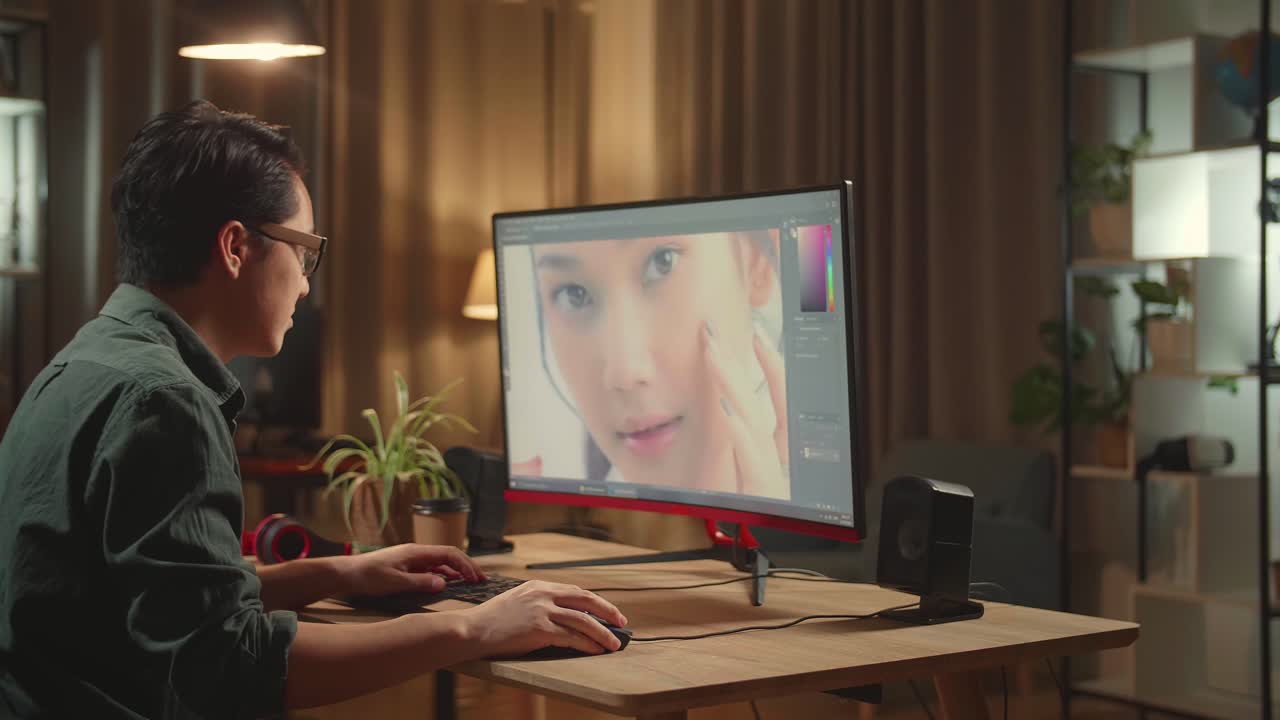 Asian Male Digital Editor Works In Photo Editing Software On His Personal Computer With Big Display, He Works At Night