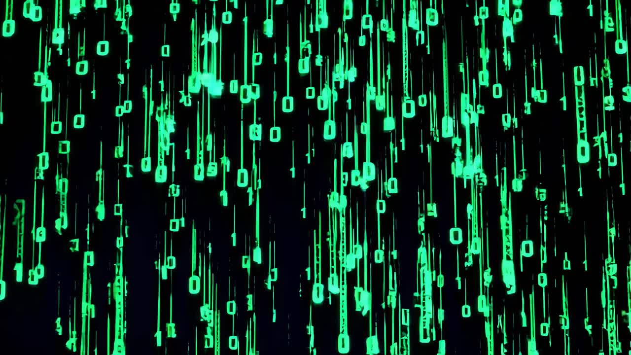 Aerial view of digital rain with green binary code, reminiscent of a sci-fi video