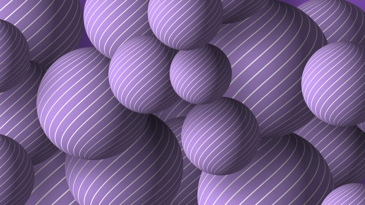 Slow motion 3D animation showing striped line work circular round balls moving on a gradient dynamic background visual effect patterns motion graphics abstract design colour way tones royal purple