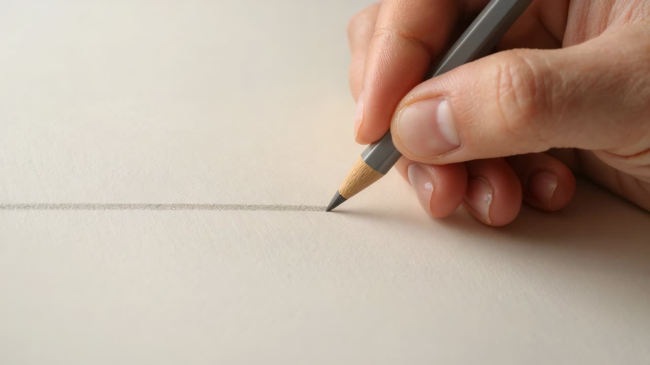 Starting at mark, wooden pencil tracing horizontal guide line on paper defining sketch, copy space