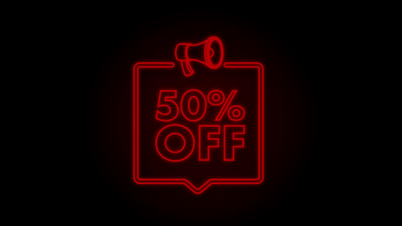 50 por ciento de descuento en la venta banner de descuento con megáfono. etiqueta de precio de oferta de descuento. 50 por cien de descuento promoción icono de neón. gráfico de movimiento