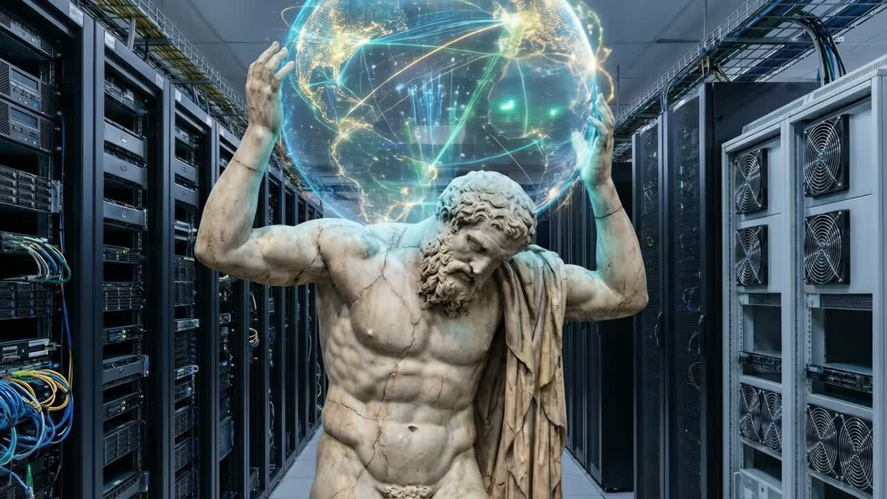 Atlante che sorregge il mondo digitale in una sala server