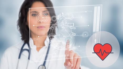 animación del icono del corazón sobre una doctora caucásica usando una pantalla digital con corazón