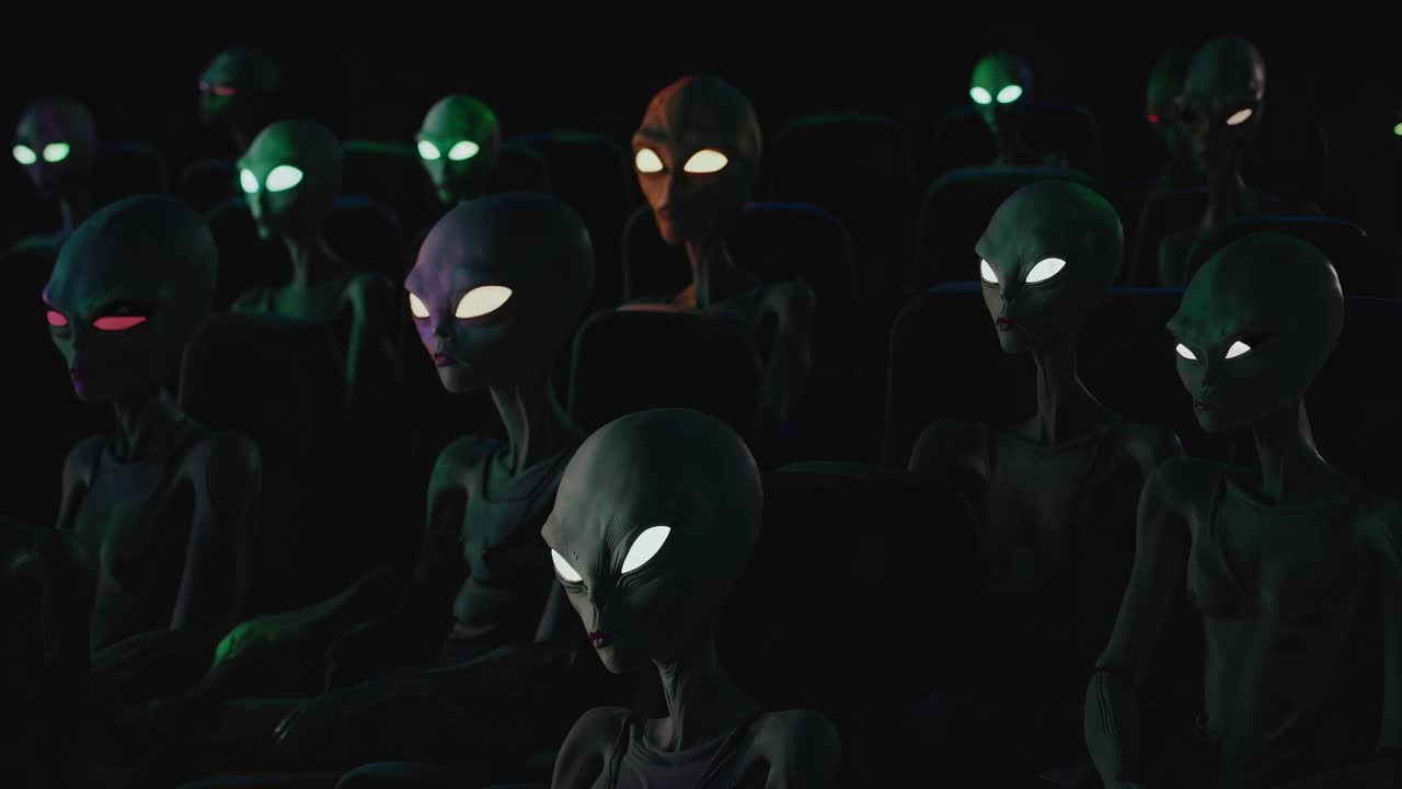 Groups of aliens with glowing eyes sitting in a dark movie theater, enjoying a film together, creating an atmosphere of entertainment and community in a surreal, otherworldly setting