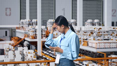 side view of asian business woman not satisfied and shakes her head while using mobile phone in the warehouse