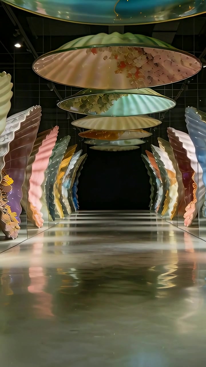 Video vertical: Luces cambiando, cámara moviéndose por la galería, revelando detalles de un disco floral.