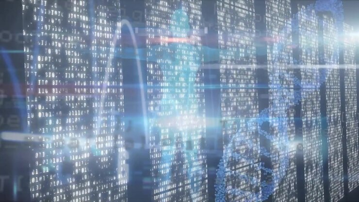 Animation of spinning dna structure over screens with mosaic squares against blue background