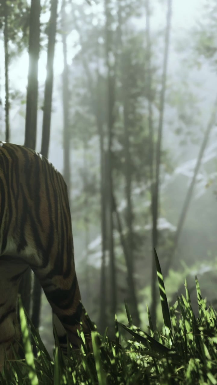 Tiger walks through bamboo forest during early morning fog