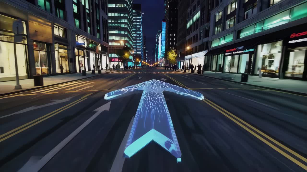 Night View of City Street with Projected Arrow