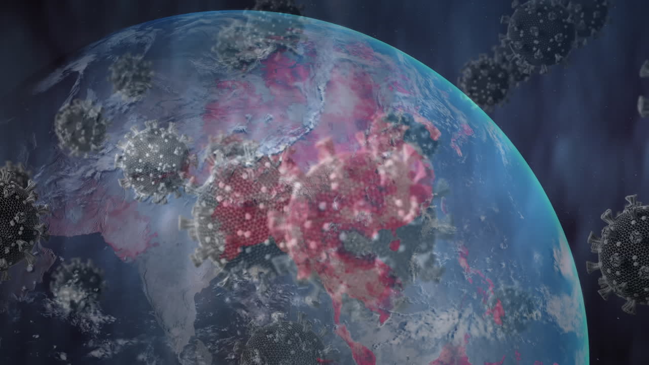 파란색 배경의 회전하는 지구에 대해 떠다니는 여러 코로나19 세포의 디지털 애니메이션