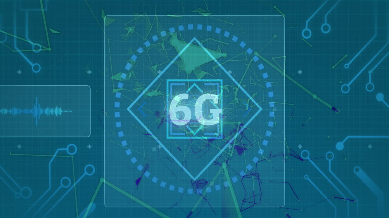 Animation of 6g text and interface with scope and shapes moving on dark green background