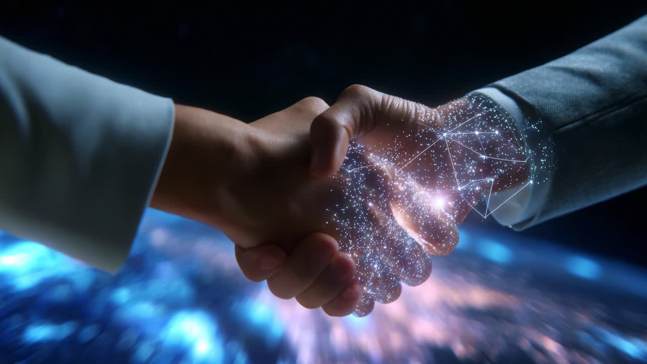 A Captivating Visual Representation of Connection and Collaboration, Showcasing a Handshake Symbolizing Unity Between Technology and Humanity in a Digital World, Highlighting Global Partnerships and Innovations