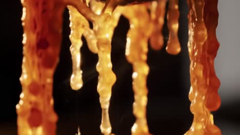 close-up of golden honey dripping from a hexagonal honeycomb, capturing the viscosity and texture of natural sweetness in two frames